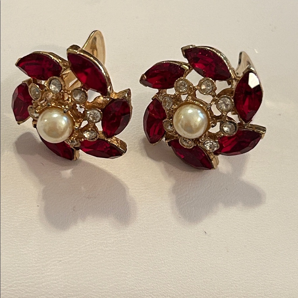 Red Rhinestone, Pearl Earrings - Picture 5 of 5